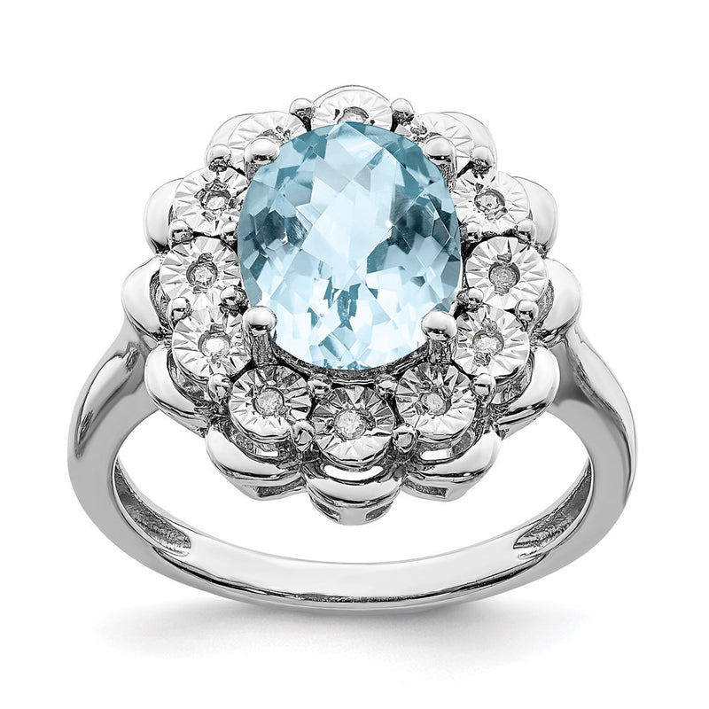 Sterling Silver Rhodium Diamond & Checker-Cut Sky Blue Topaz Ring
