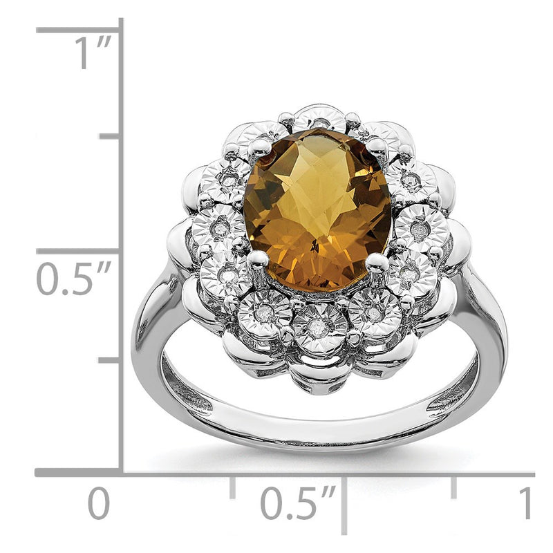Sterling Silver Rhodium Diamond & Checker-Cut Whiskey Quartz Ring