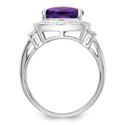 Sterling Silver Rhodium-plated Diamond & Checker-Cut Amethyst Ring