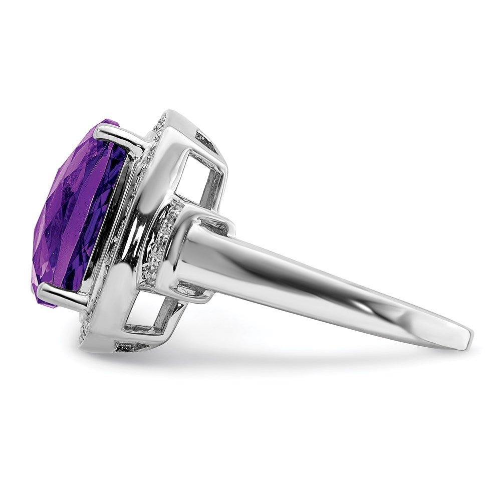 Sterling Silver Rhodium-plated Diamond & Checker-Cut Amethyst Ring