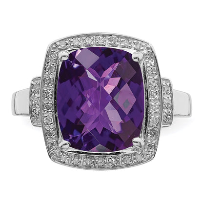 Sterling Silver Rhodium-plated Diamond & Checker-Cut Amethyst Ring