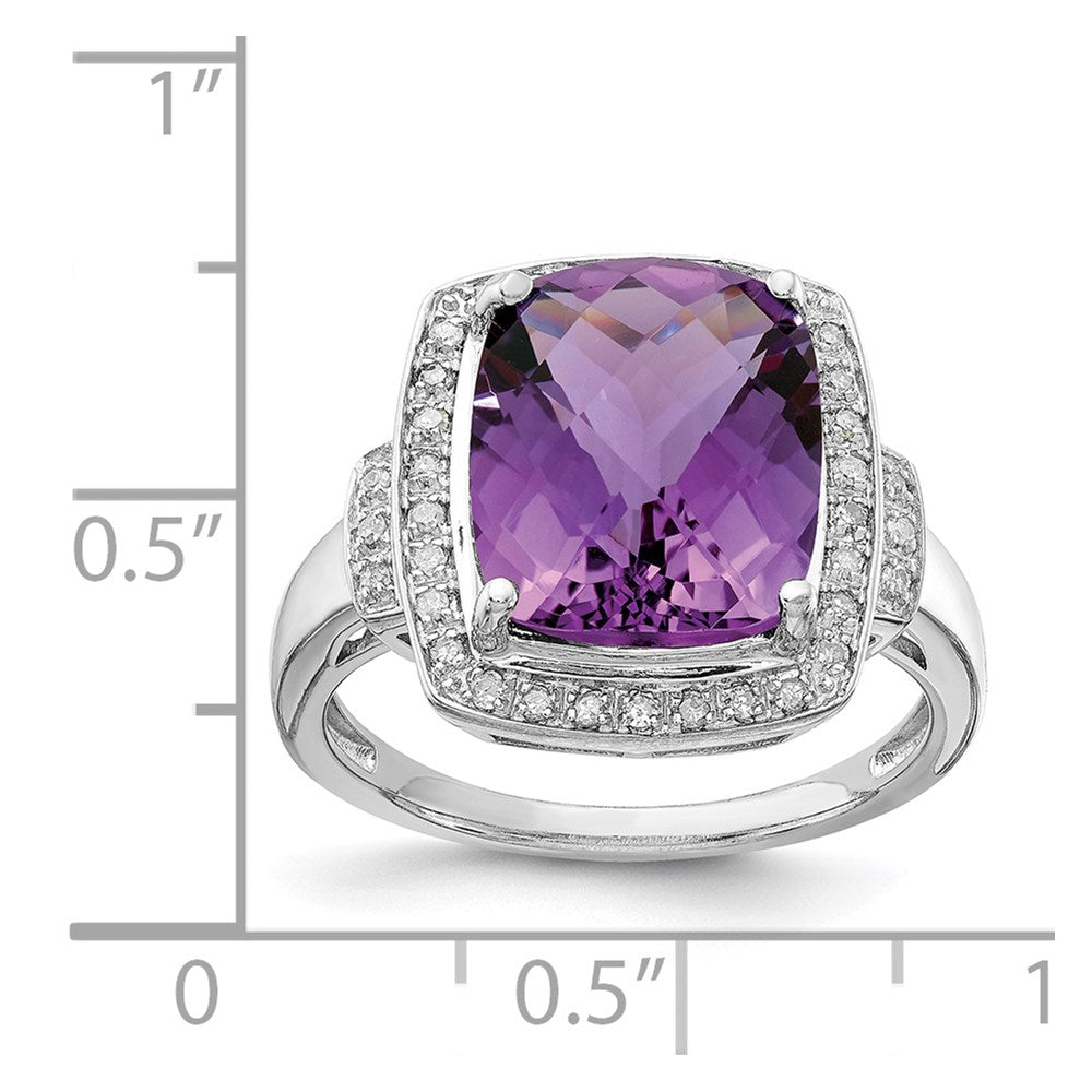 Sterling Silver Rhodium-plated Diamond & Checker-Cut Amethyst Ring