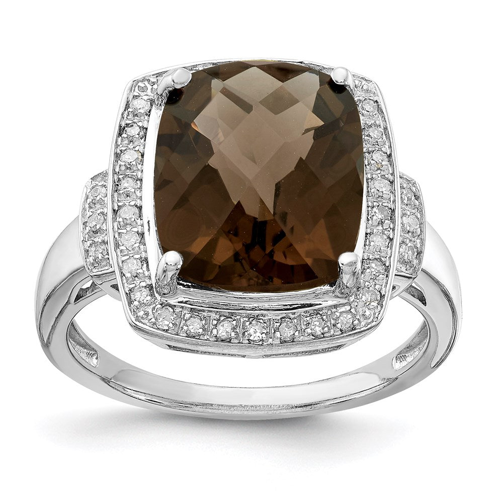 Sterling Silver Rhodium Diamond & Checker-Cut Smoky Quartz Ring