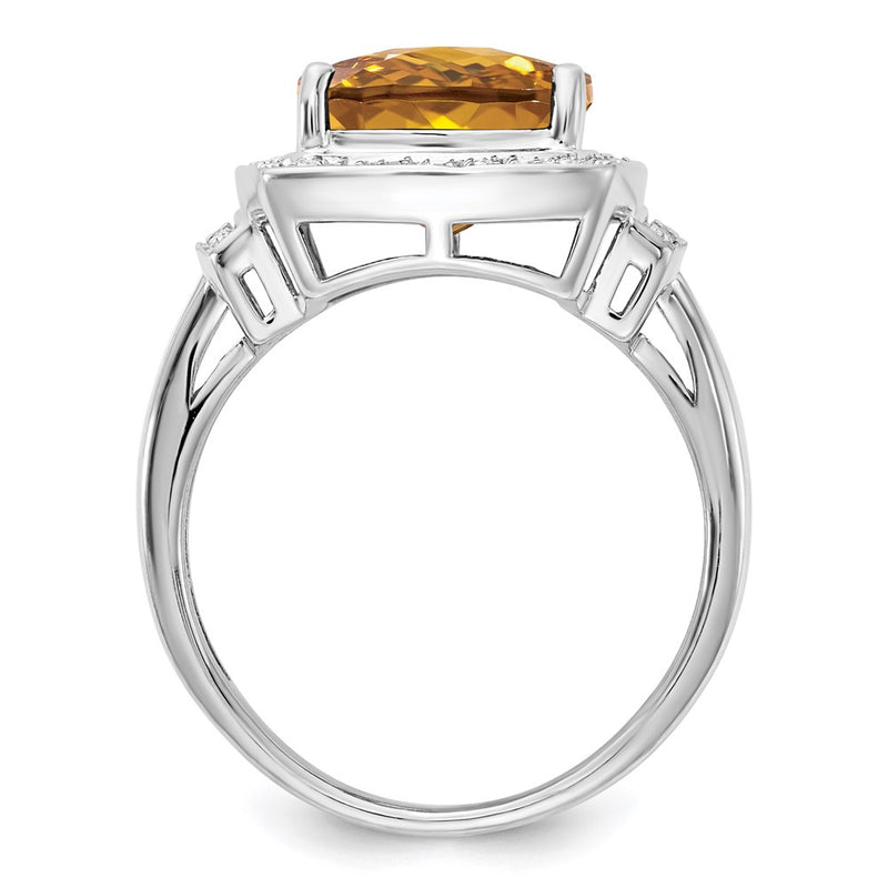 Sterling Silver Rhodium Diamond & Checker-Cut Whiskey Quartz Ring