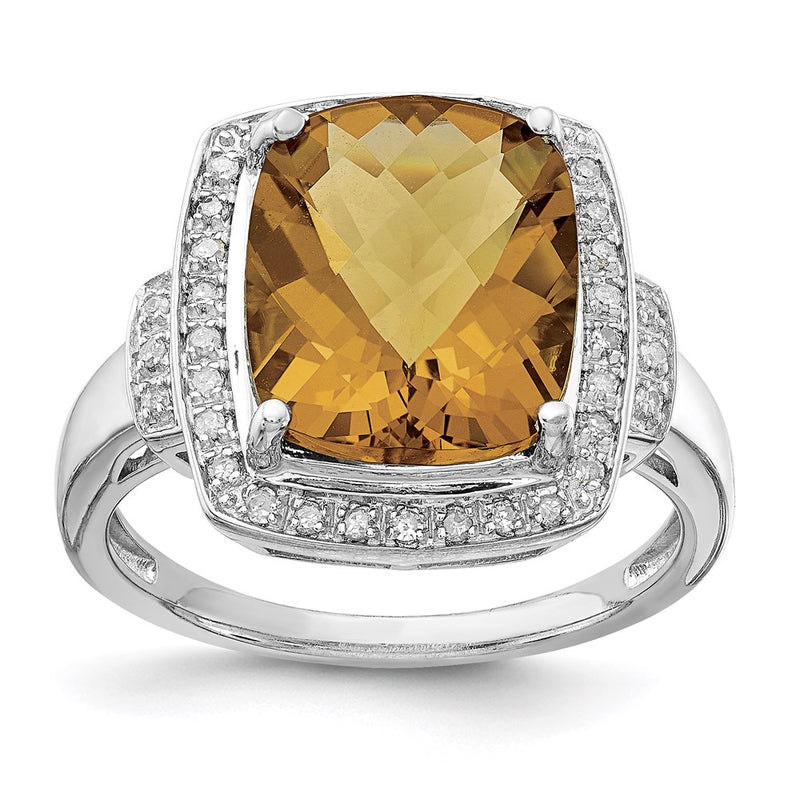 Sterling Silver Rhodium Diamond & Checker-Cut Whiskey Quartz Ring