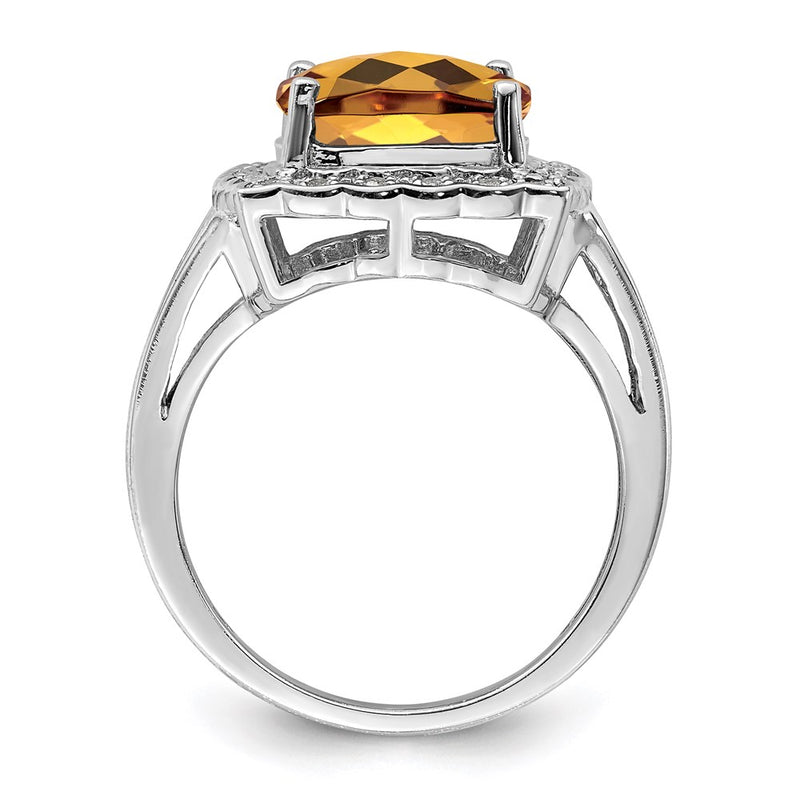 Sterling Silver Rhodium Diamond & Checker-Cut Whiskey Quartz Ring