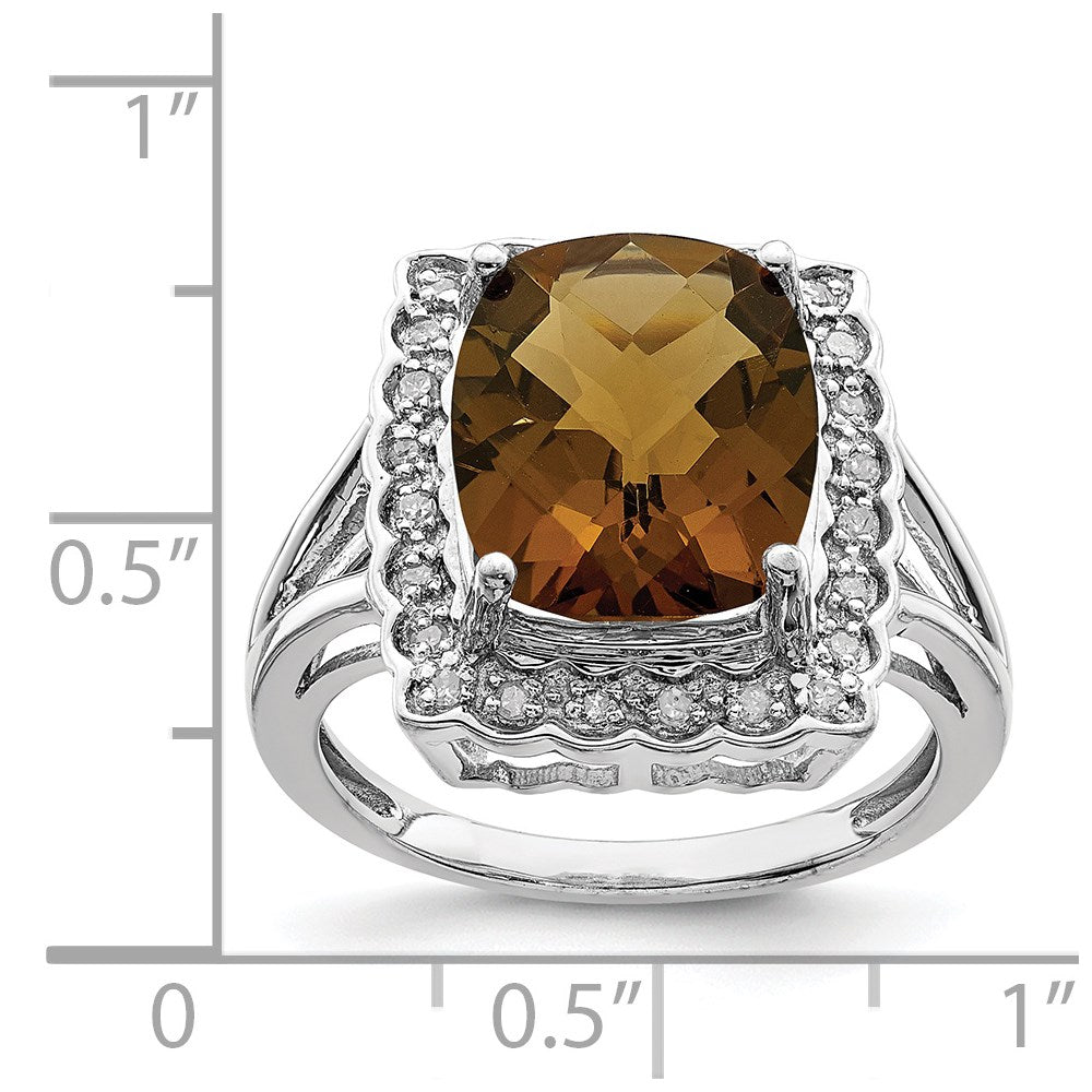 Sterling Silver Rhodium Diamond & Checker-Cut Whiskey Quartz Ring