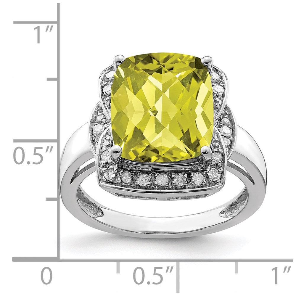 Sterling Silver Rhodium Diamond & Checker-Cut Lemon Quartz Ring