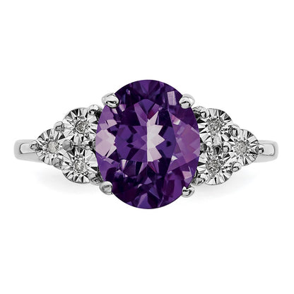Sterling Silver Rhodium-plated Diamond & Amethyst Ring