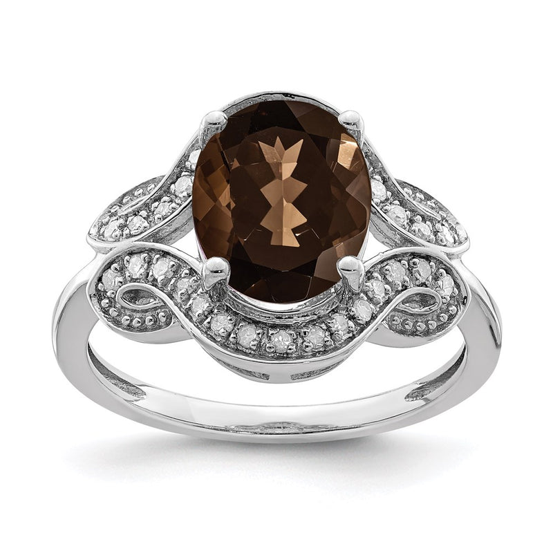 Sterling Silver Rhodium Diamond & Smoky Quartz Ring