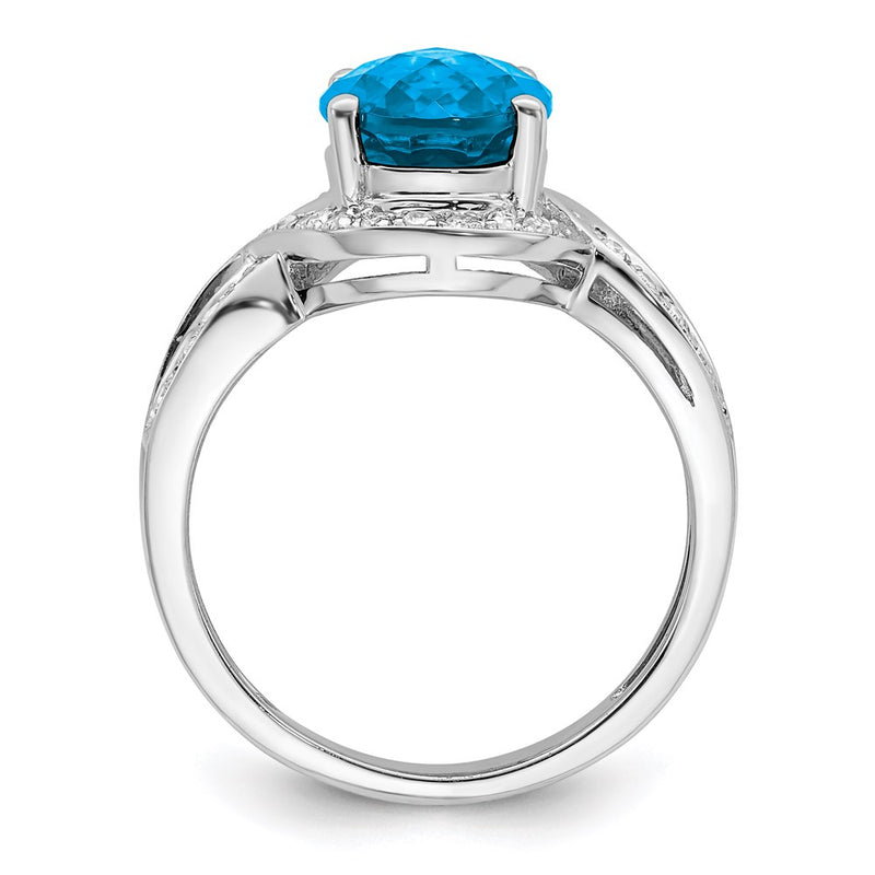 Sterling Silver Rhodium Diamond & Checker-Cut Blue Topaz Ring
