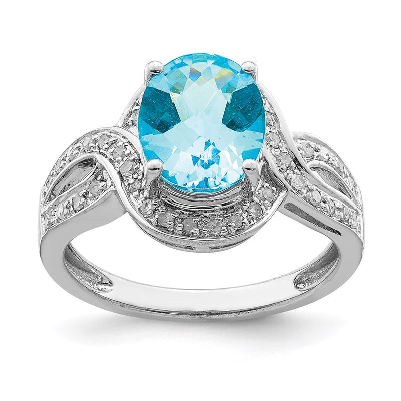 Sterling Silver Rhodium Diamond & Checker-Cut Blue Topaz Ring