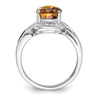 Sterling Silver Rhodium Diamond & Checker-Cut Whiskey Quartz Ring