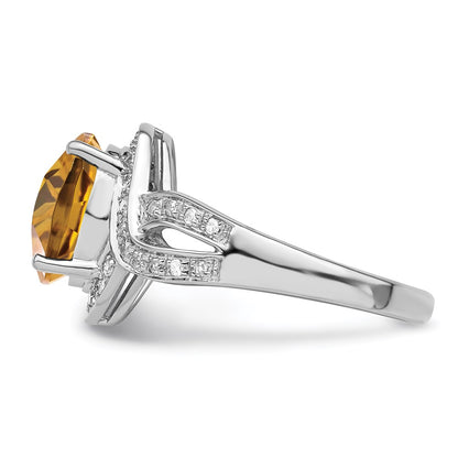 Sterling Silver Rhodium Diamond & Checker-Cut Whiskey Quartz Ring