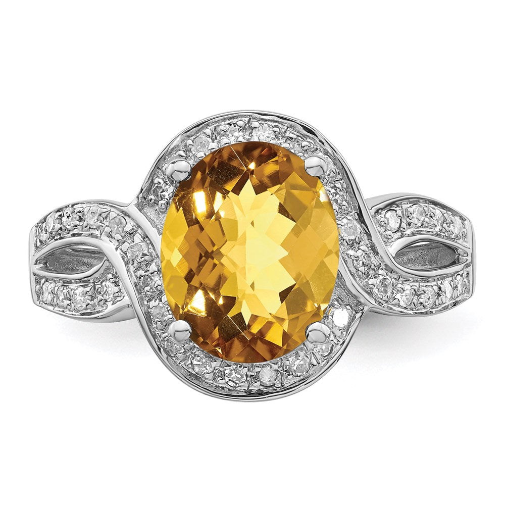 Sterling Silver Rhodium Diamond & Checker-Cut Whiskey Quartz Ring