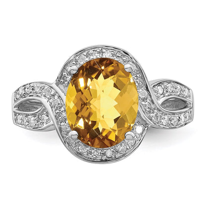 Sterling Silver Rhodium Diamond & Checker-Cut Whiskey Quartz Ring