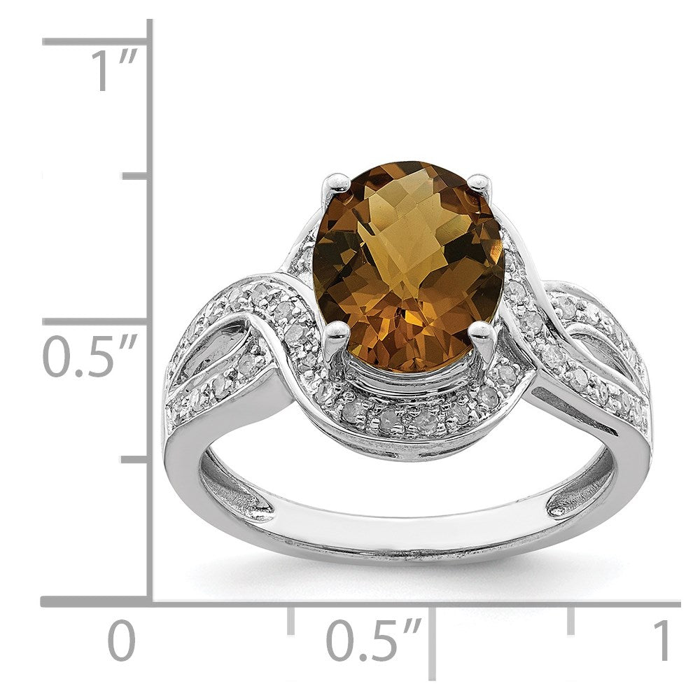 Sterling Silver Rhodium Diamond & Checker-Cut Whiskey Quartz Ring