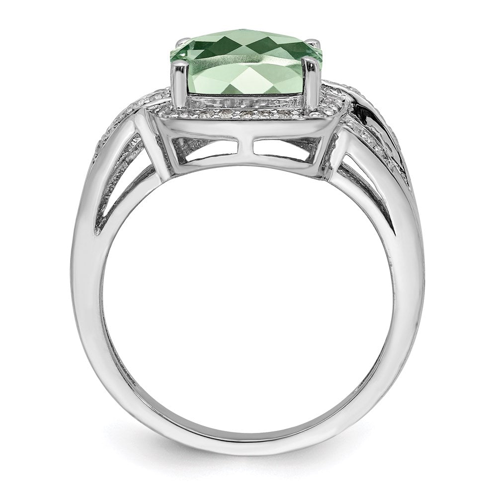 Sterling Silver Rhodium Diamond & Checker-Cut Green Quartz Ring