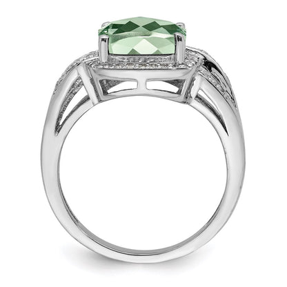 Sterling Silver Rhodium Diamond & Checker-Cut Green Quartz Ring