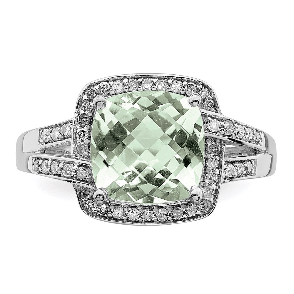 Sterling Silver Rhodium Diamond & Checker-Cut Green Quartz Ring