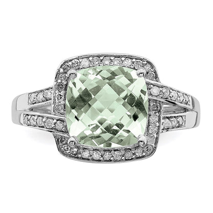 Sterling Silver Rhodium Diamond & Checker-Cut Green Quartz Ring
