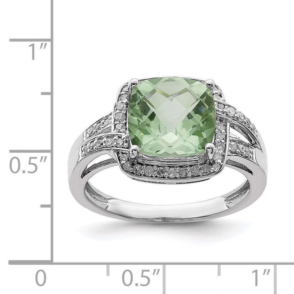 Sterling Silver Rhodium Diamond & Checker-Cut Green Quartz Ring