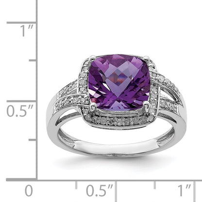 Sterling Silver Rhodium-plated Diamond & Checker-Cut Amethyst Ring