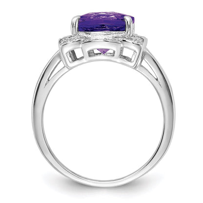 Sterling Silver Rhodium-plated Diamond & Checker-Cut Amethyst Ring