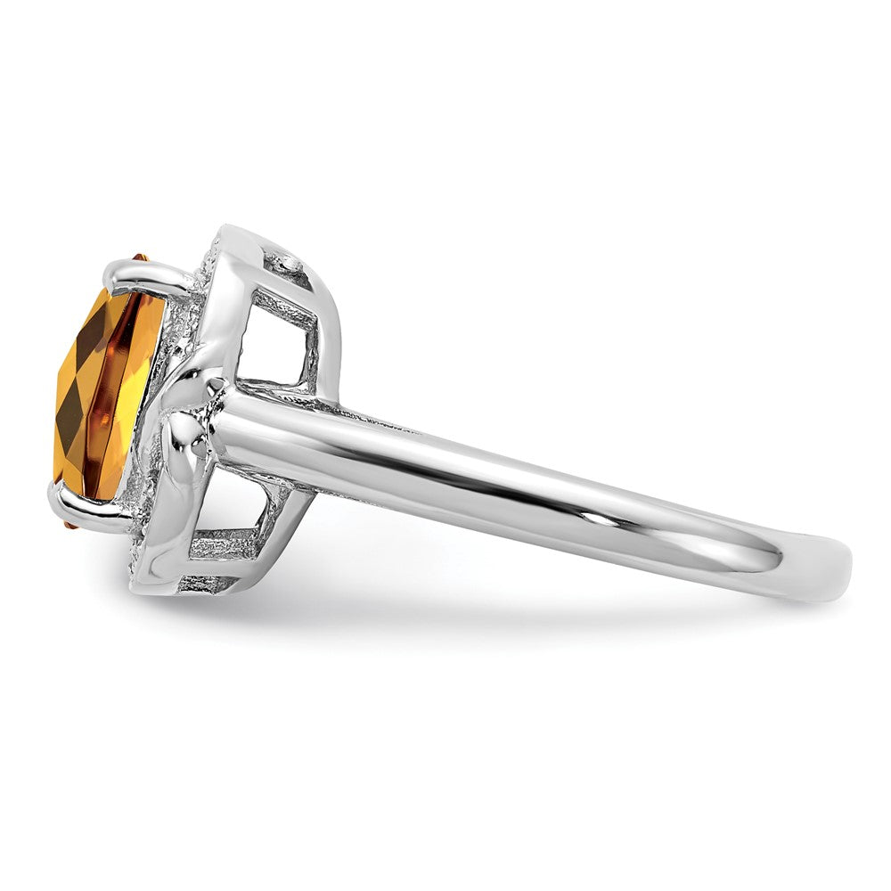 Sterling Silver Rhodium Diamond & Checker-Cut Whiskey Quartz Ring