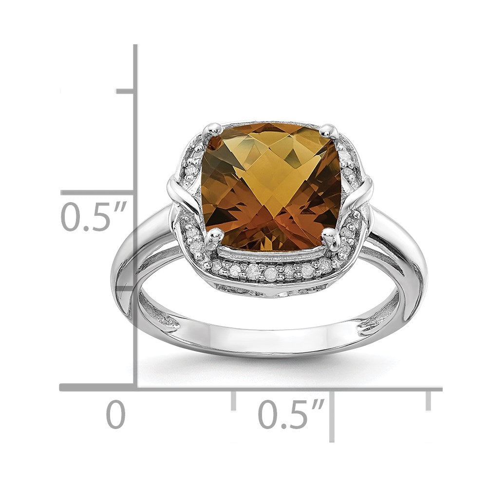 Sterling Silver Rhodium Diamond & Checker-Cut Whiskey Quartz Ring