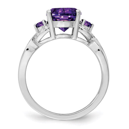 Sterling Silver Rhodium-plated Diamond & Amethyst Ring