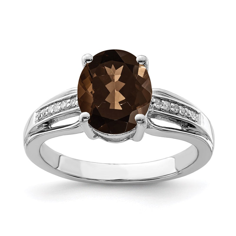 Sterling Silver Rhodium Diamond & Smoky Quartz Ring