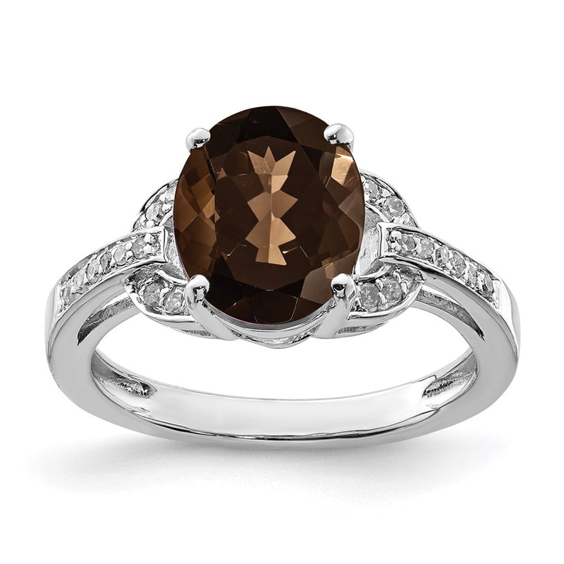 Sterling Silver Rhodium Diamond & Smoky Quartz Ring