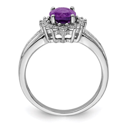 Sterling Silver Rhodium-plated Diamond & Amethyst Ring