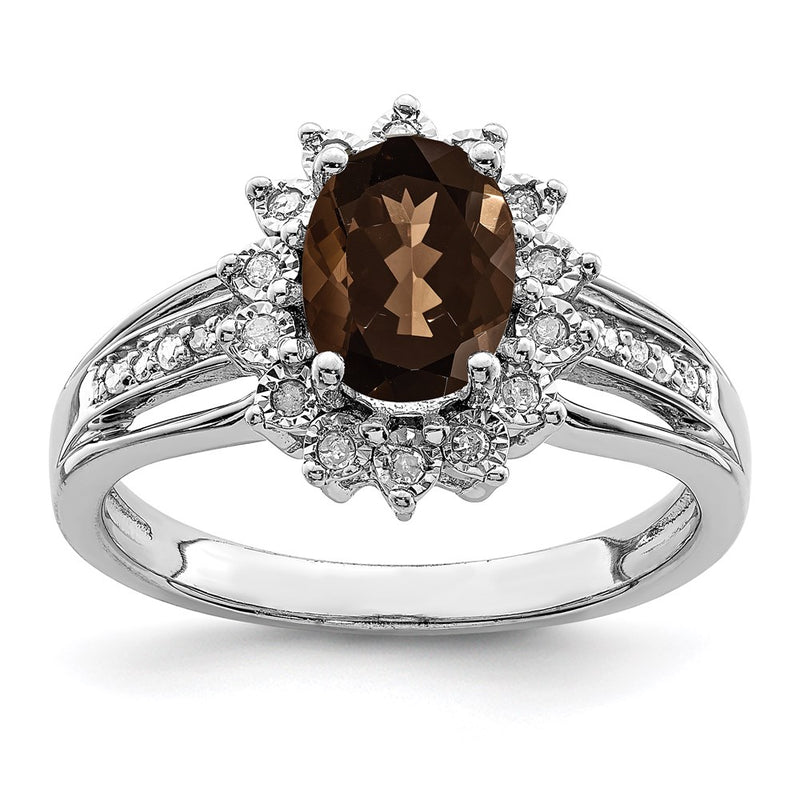 Sterling Silver Rhodium Diamond & Smoky Quartz Ring