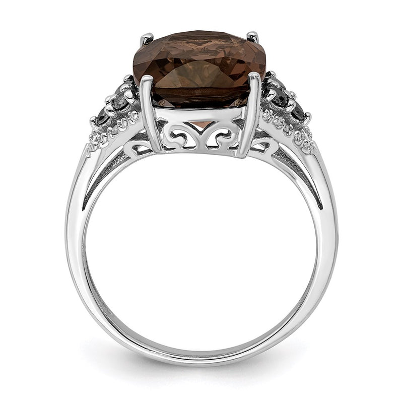 Sterling Silver Rhodium Diamond & Smoky Quartz Ring