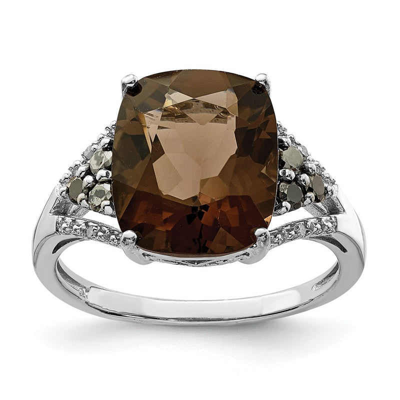 Sterling Silver Rhodium Diamond & Smoky Quartz Ring