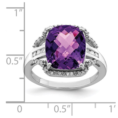 Sterling Silver Rhodium-plated Checker-Cut Amethyst & Diamond Ring