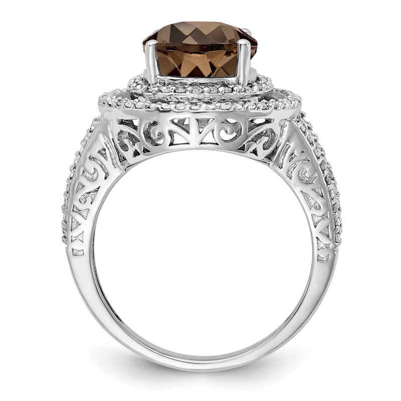 Sterling Silver Rhodium Diamond & Smoky Quartz Ring