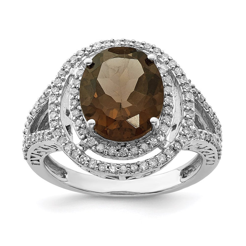 Sterling Silver Rhodium Diamond & Smoky Quartz Ring