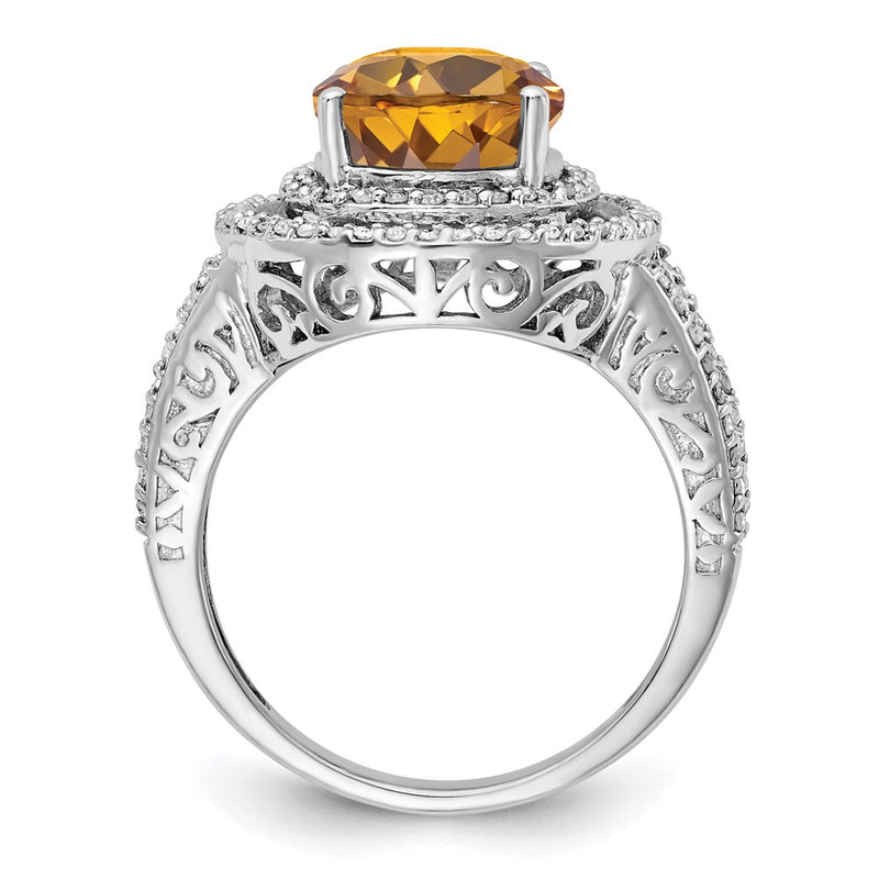 Sterling Silver Rhodium Diamond & Whiskey Quartz Ring
