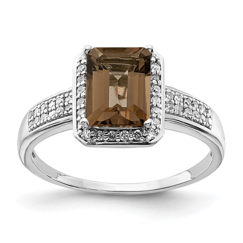Sterling Silver Rhodium Diamond & Smoky Quartz Ring