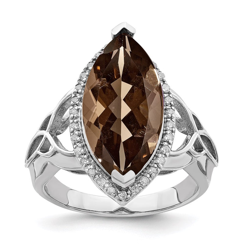 Sterling Silver Rhodium Diamond & Smoky Quartz Ring
