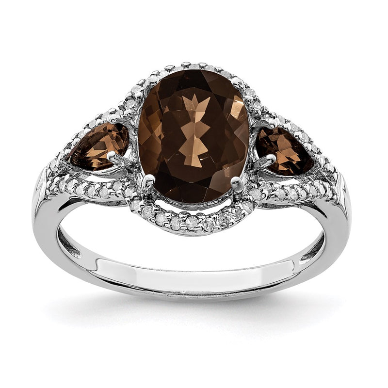 Sterling Silver Rhodium Diamond & Smoky Quartz Ring