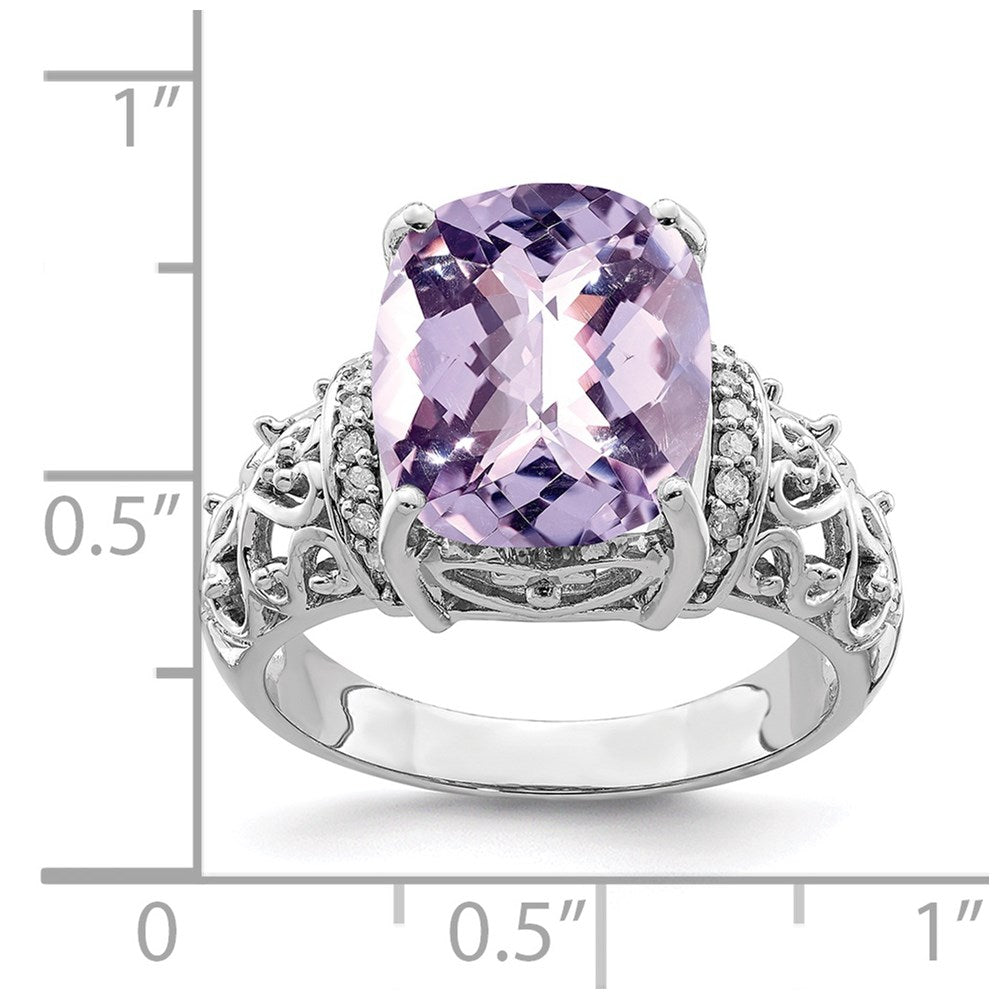 Sterling Silver Rhodium Diamond & Checker-Cut Pink Quartz Ring