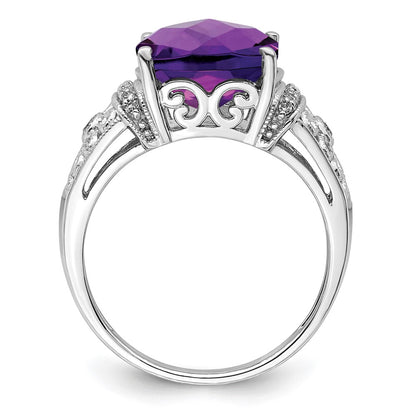 Sterling Silver Rhodium-plated Checker-Cut Amethyst & Diamond Ring