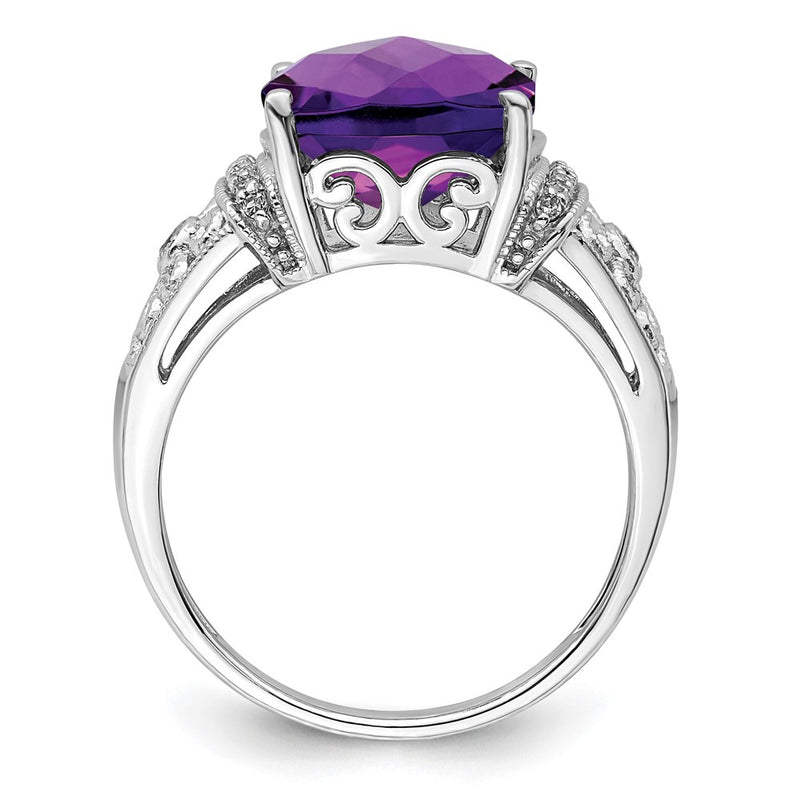 Sterling Silver Rhodium-plated Checker-Cut Amethyst & Diamond Ring
