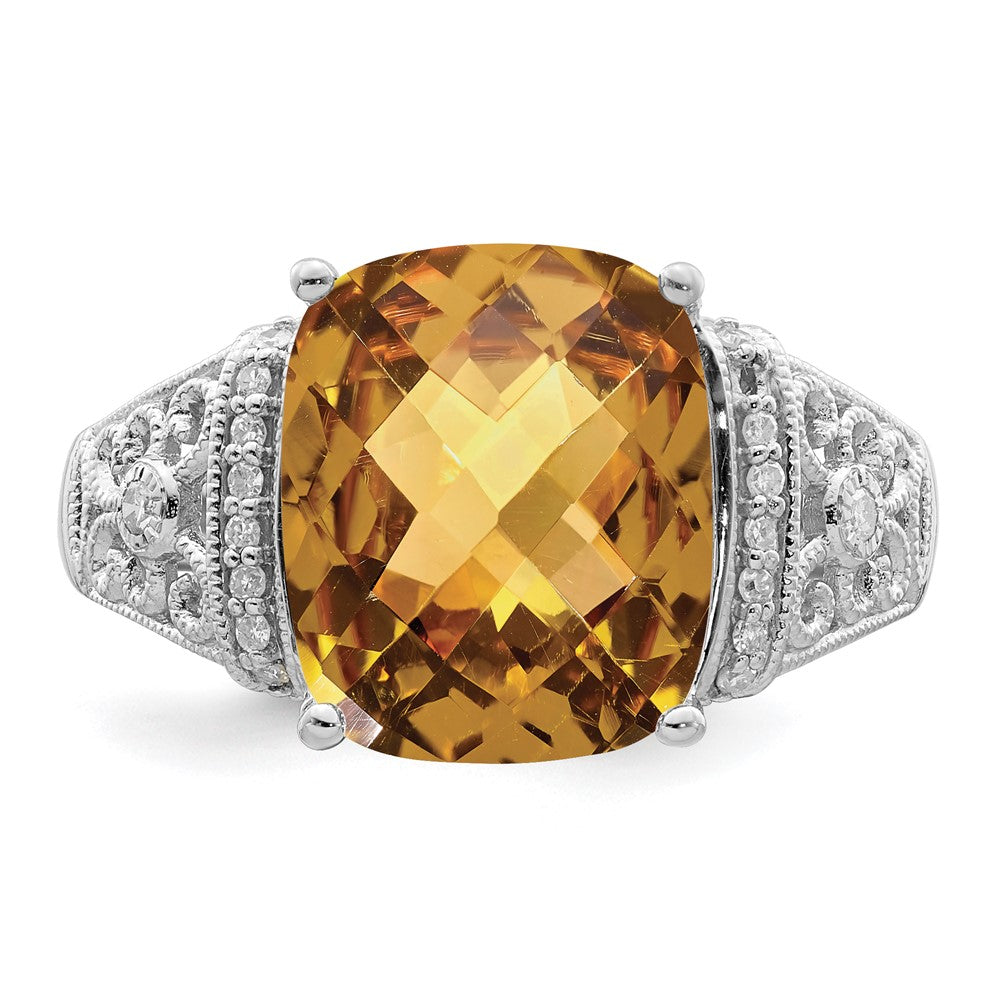 Sterling Silver Rhodium Diamond & Checker-Cut Whiskey Quartz Ring