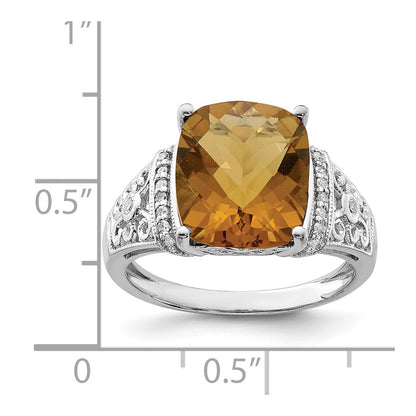 Sterling Silver Rhodium Diamond & Checker-Cut Whiskey Quartz Ring