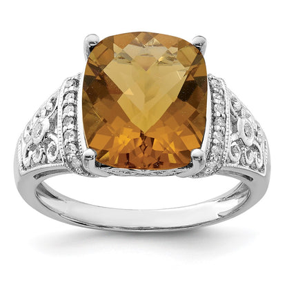 Sterling Silver Rhodium Diamond & Checker-Cut Whiskey Quartz Ring